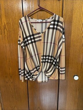 Plaid Twist-Front V-Neck Long Sleeve Top - Tan Burberry inspired size small